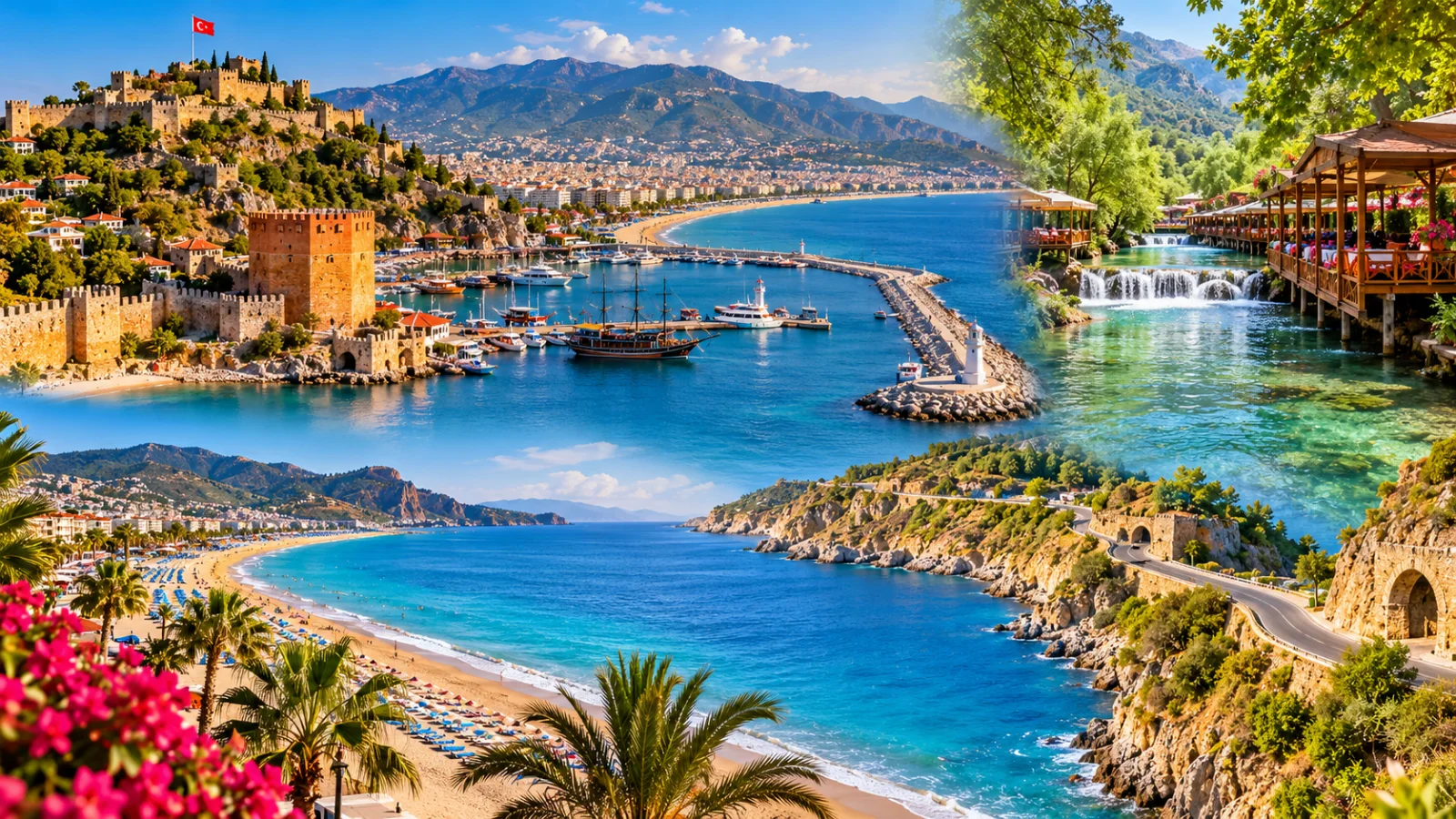 Alanya yolculuğu için Akdeniz kıyısı illüstrasyonu